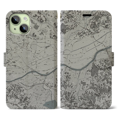 【河内（茨城県）】地図柄iPhoneケース（手帳タイプ）モノトーン・iPhone 15 用