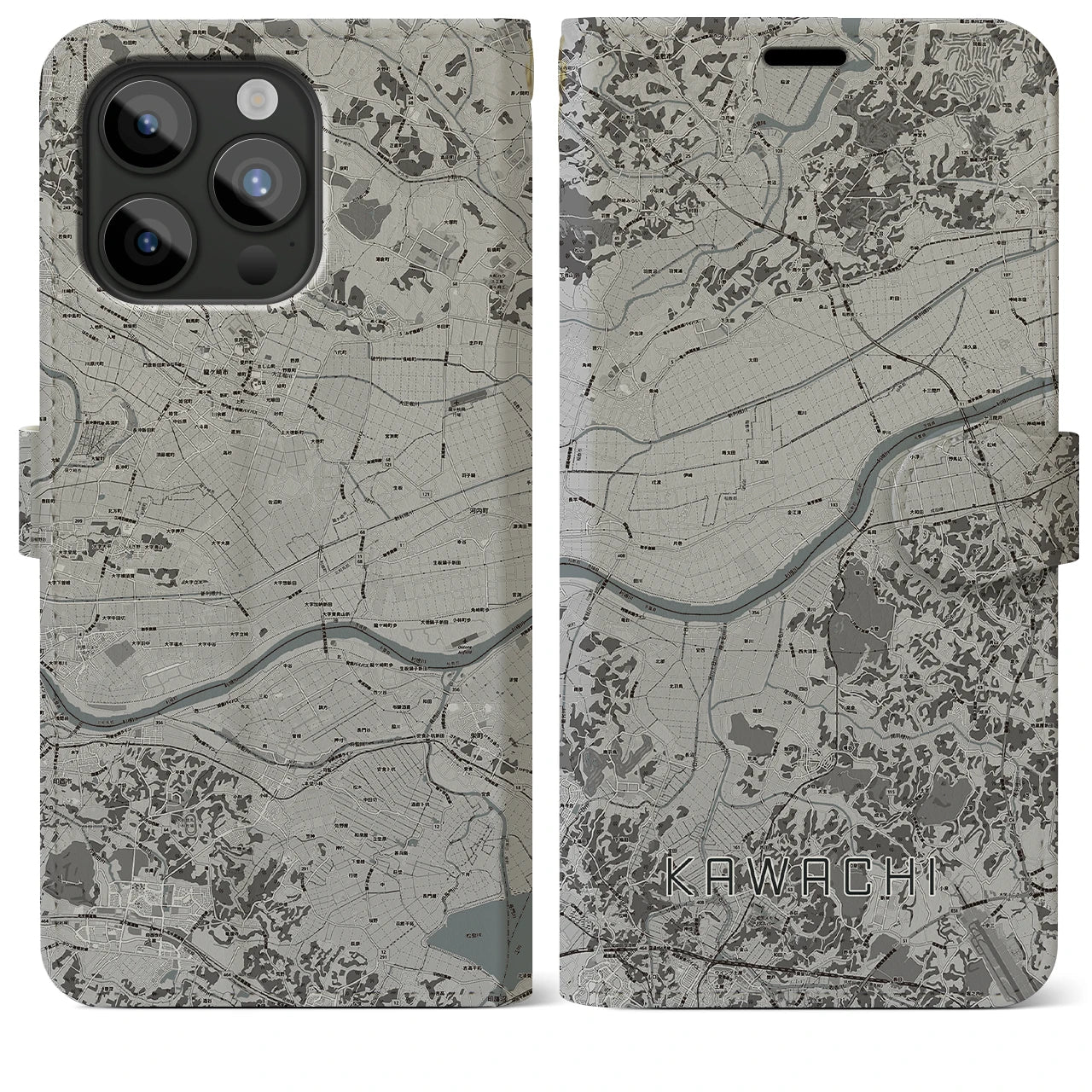 【河内】地図柄iPhoneケース（手帳両面タイプ・モノトーン）iPhone 15 Pro Max 用