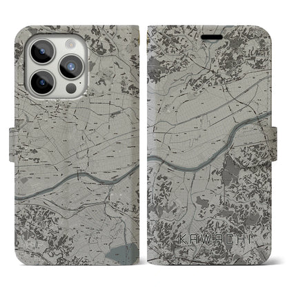 【河内（茨城県）】地図柄iPhoneケース（手帳タイプ）モノトーン・iPhone 15 Pro 用