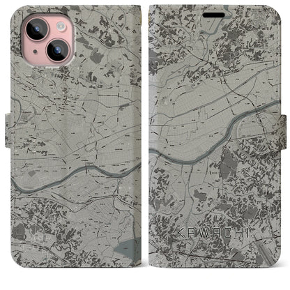 【河内（茨城県）】地図柄iPhoneケース（手帳タイプ）モノトーン・iPhone 15 Plus 用