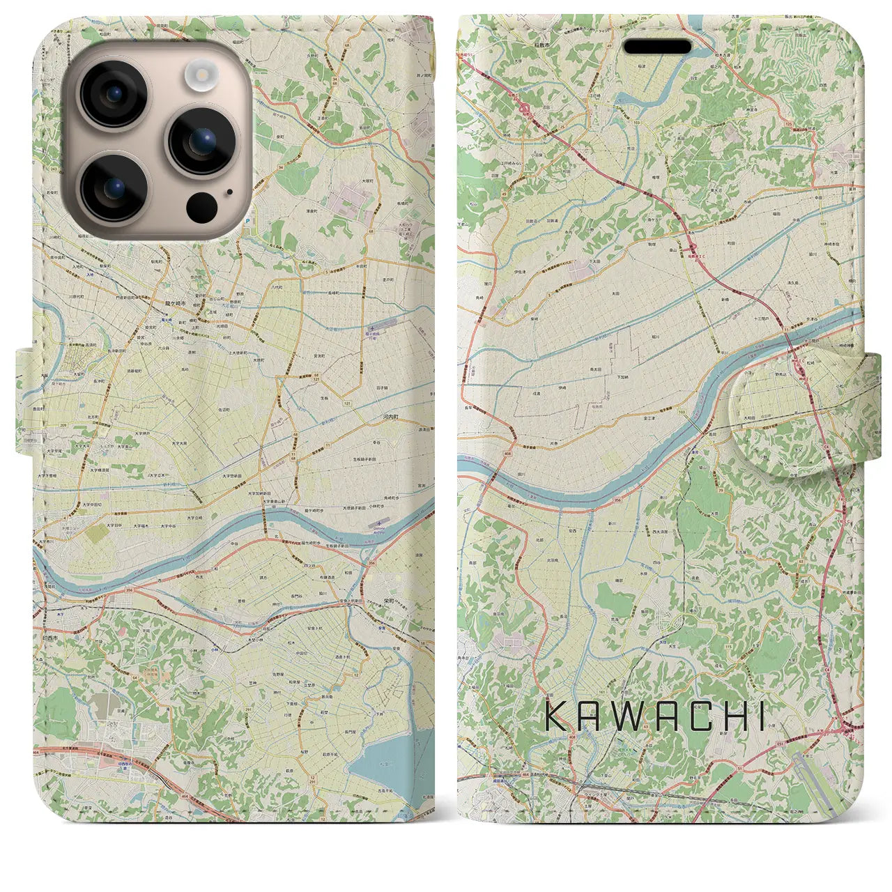 【河内（茨城県）】地図柄iPhoneケース（手帳タイプ）ナチュラル・iPhone 16 Plus 用