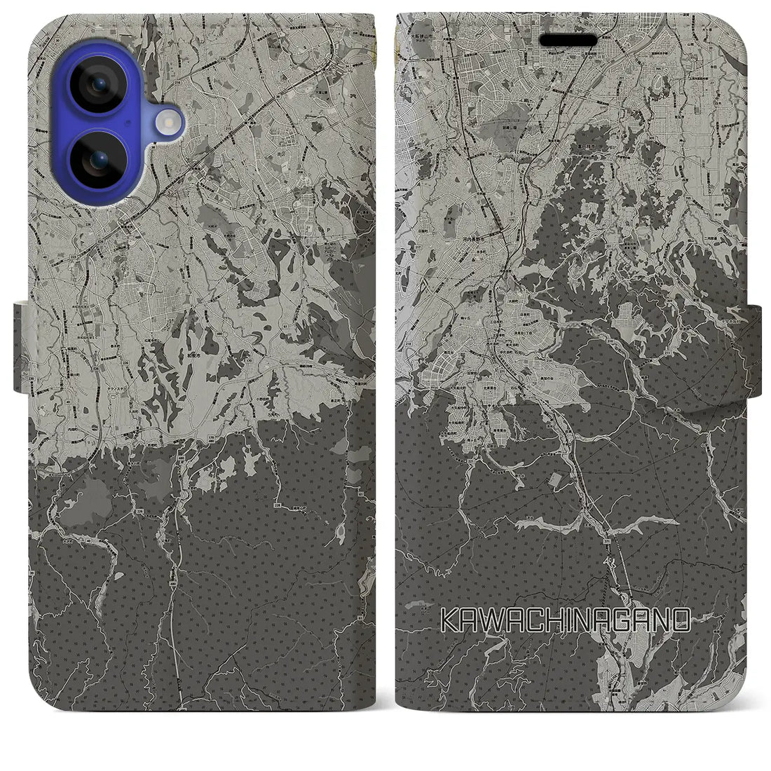 【河内長野(大阪府)】地図柄iPhoneケース(手帳タイプ)モノトーン・iPhone 16 Pro Max 用