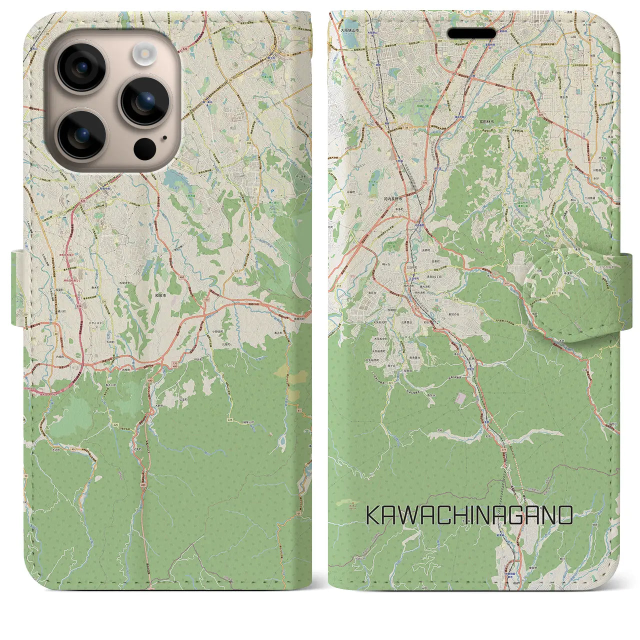 【河内長野（大阪府）】地図柄iPhoneケース（手帳タイプ）ナチュラル・iPhone 16 Plus 用