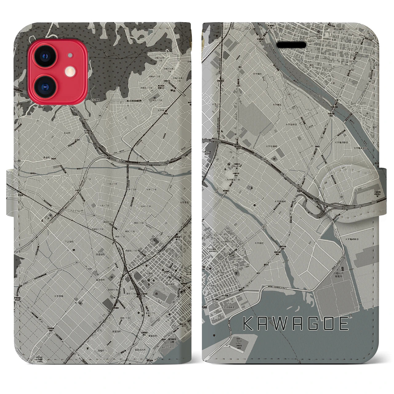 【川越（三重県）】地図柄iPhoneケース（手帳両面タイプ・モノトーン）iPhone 11 用