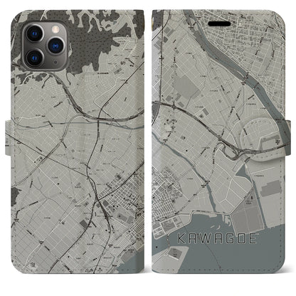 【川越（三重県）】地図柄iPhoneケース（手帳タイプ）モノトーン・iPhone 11 Pro Max 用