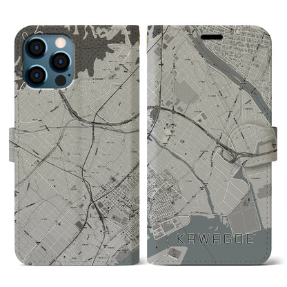 【川越（三重県）】地図柄iPhoneケース（手帳タイプ）モノトーン・iPhone 12 / 12 Pro 用