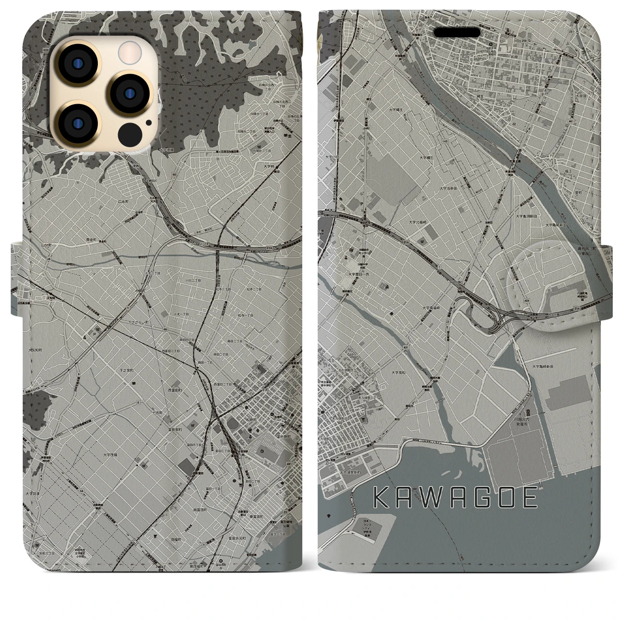 【川越（三重県）】地図柄iPhoneケース（手帳両面タイプ・モノトーン）iPhone 12 Pro Max 用