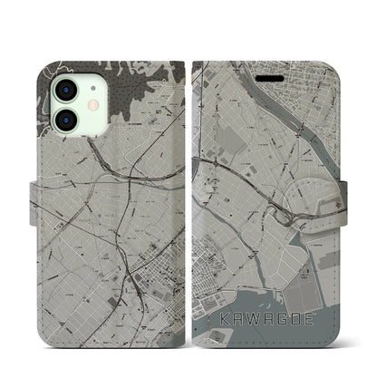 【川越（三重県）】地図柄iPhoneケース（手帳タイプ）モノトーン・iPhone 12 mini 用