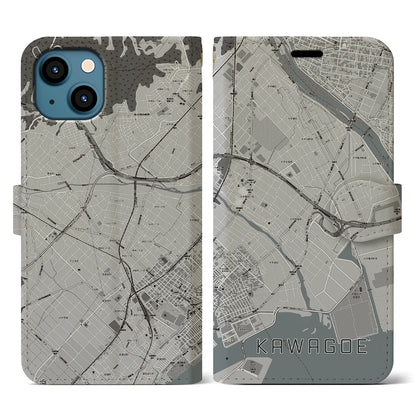 【川越（三重県）】地図柄iPhoneケース（手帳タイプ）モノトーン・iPhone 13 用