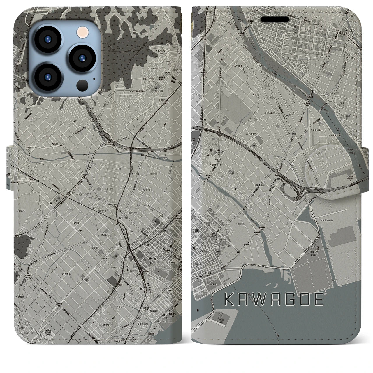 【川越（三重県）】地図柄iPhoneケース（手帳両面タイプ・モノトーン）iPhone 13 Pro Max 用
