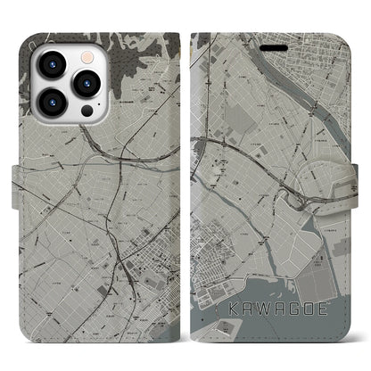 【川越（三重県）】地図柄iPhoneケース（手帳タイプ）モノトーン・iPhone 13 Pro 用