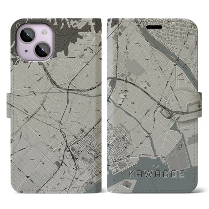 【川越（三重県）】地図柄iPhoneケース（手帳タイプ）モノトーン・iPhone 14 用