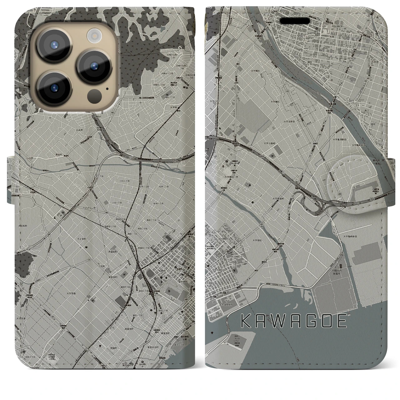 【川越（三重県）】地図柄iPhoneケース（手帳両面タイプ・モノトーン）iPhone 14 Pro Max 用