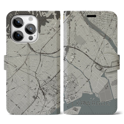 【川越（三重県）】地図柄iPhoneケース（手帳タイプ）モノトーン・iPhone 14 Pro 用