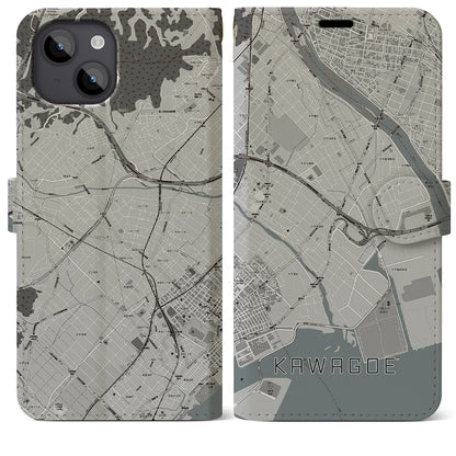 【川越（三重県）】地図柄iPhoneケース（手帳タイプ）モノトーン・iPhone 14 Plus 用
