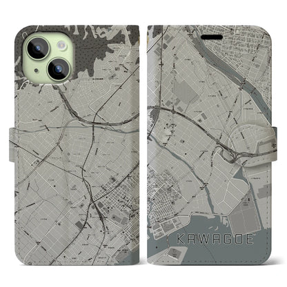 【川越（三重県）】地図柄iPhoneケース（手帳タイプ）モノトーン・iPhone 15 用