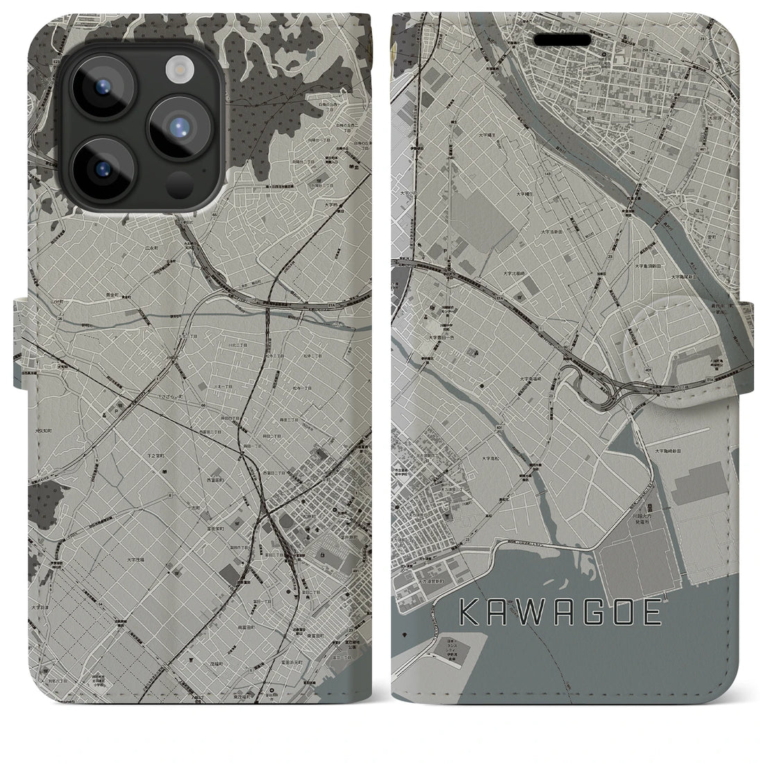 【川越（三重県）】地図柄iPhoneケース（手帳両面タイプ・モノトーン）iPhone 15 Pro Max 用