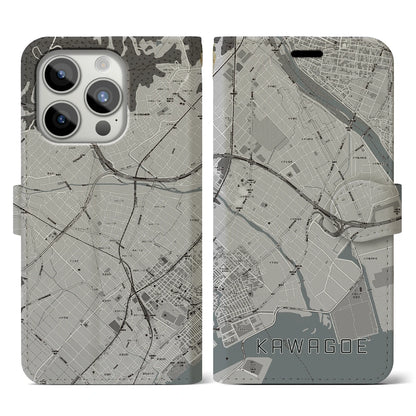 【川越（三重県）】地図柄iPhoneケース（手帳タイプ）モノトーン・iPhone 15 Pro 用