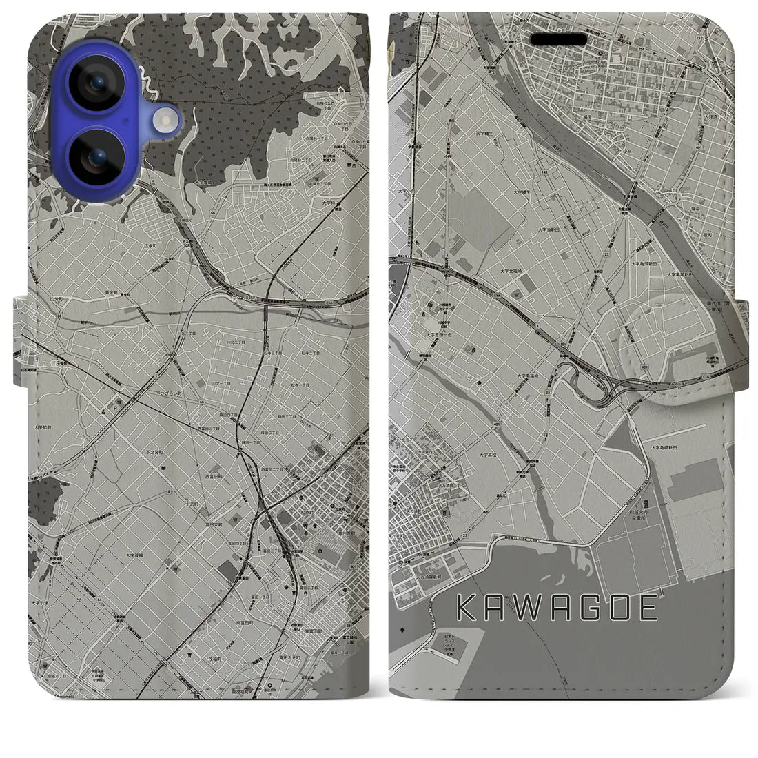 【川越（三重県）】地図柄iPhoneケース（手帳タイプ）モノトーン・iPhone 16 Pro Max 用