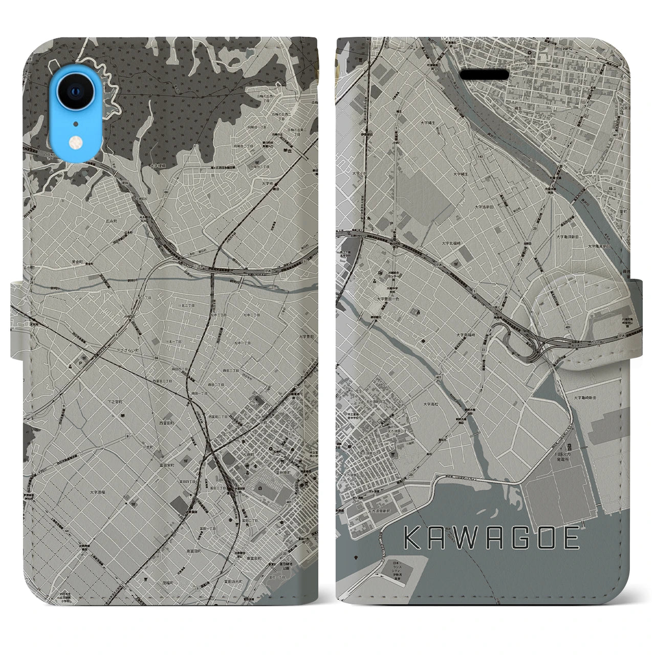 【川越（三重県）】地図柄iPhoneケース（手帳両面タイプ・モノトーン）iPhone XR 用