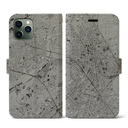 【川越（埼玉県）】地図柄iPhoneケース（手帳タイプ）モノトーン・iPhone 11 Pro 用