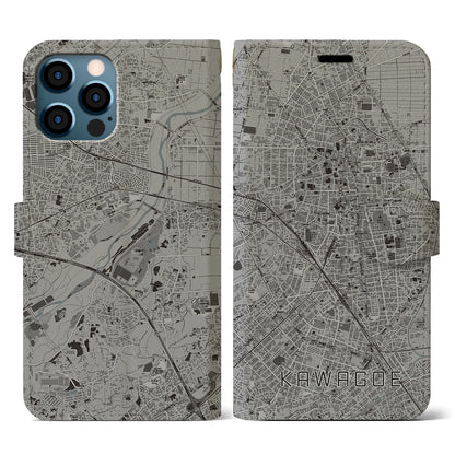 【川越（埼玉県）】地図柄iPhoneケース（手帳タイプ）モノトーン・iPhone 12 / 12 Pro 用