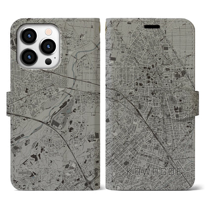 【川越（埼玉県）】地図柄iPhoneケース（手帳タイプ）モノトーン・iPhone 13 Pro 用