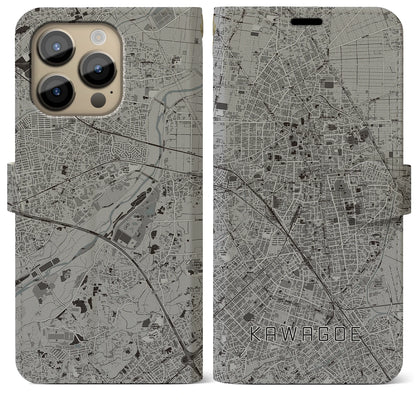 【川越（埼玉県）】地図柄iPhoneケース（手帳タイプ）モノトーン・iPhone 14 Pro Max 用