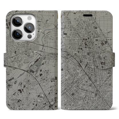 【川越（埼玉県）】地図柄iPhoneケース（手帳タイプ）モノトーン・iPhone 14 Pro 用
