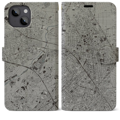 【川越（埼玉県）】地図柄iPhoneケース（手帳タイプ）モノトーン・iPhone 14 Plus 用