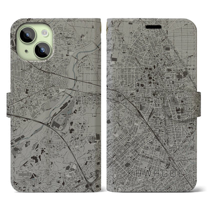 【川越（埼玉県）】地図柄iPhoneケース（手帳タイプ）モノトーン・iPhone 15 用