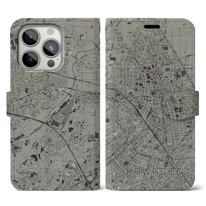 【川越（埼玉県）】地図柄iPhoneケース（手帳タイプ）モノトーン・iPhone 15 Pro 用