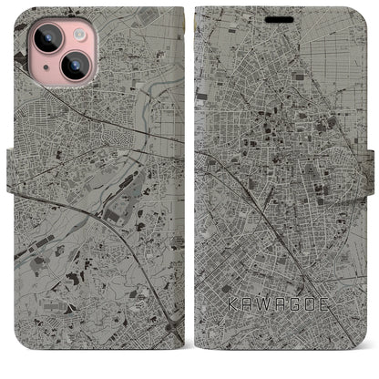 【川越（埼玉県）】地図柄iPhoneケース（手帳タイプ）モノトーン・iPhone 15 Plus 用