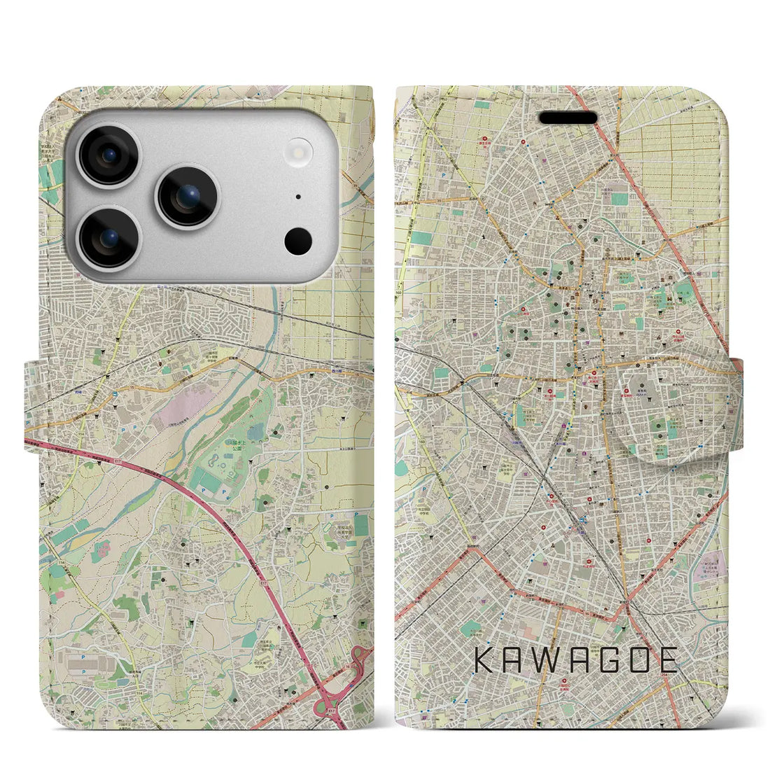 【川越（埼玉県）】地図柄iPhoneケース（手帳タイプ）モノトーン・iPhone 17 Pro Max 用