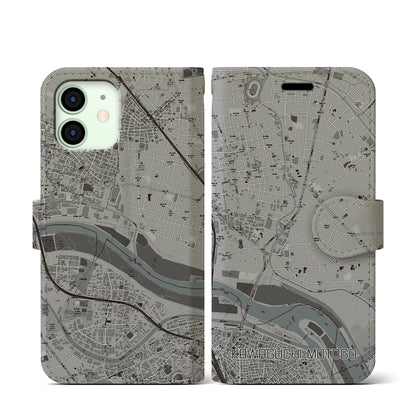 【川口元郷（埼玉県）】地図柄iPhoneケース（手帳タイプ）モノトーン・iPhone 12 mini 用