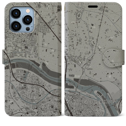 【川口元郷（埼玉県）】地図柄iPhoneケース（手帳タイプ）モノトーン・iPhone 13 Pro Max 用