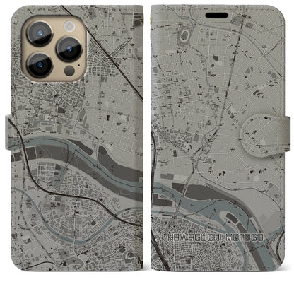 【川口元郷（埼玉県）】地図柄iPhoneケース（手帳タイプ）モノトーン・iPhone 14 Pro Max 用