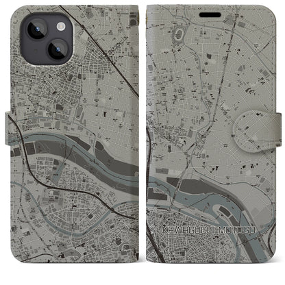 【川口元郷（埼玉県）】地図柄iPhoneケース（手帳タイプ）モノトーン・iPhone 14 Plus 用