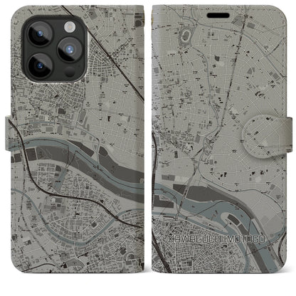 【川口元郷（埼玉県）】地図柄iPhoneケース（手帳タイプ）モノトーン・iPhone 15 Pro Max 用