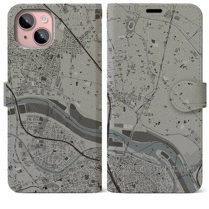 【川口元郷（埼玉県）】地図柄iPhoneケース（手帳タイプ）モノトーン・iPhone 15 Plus 用