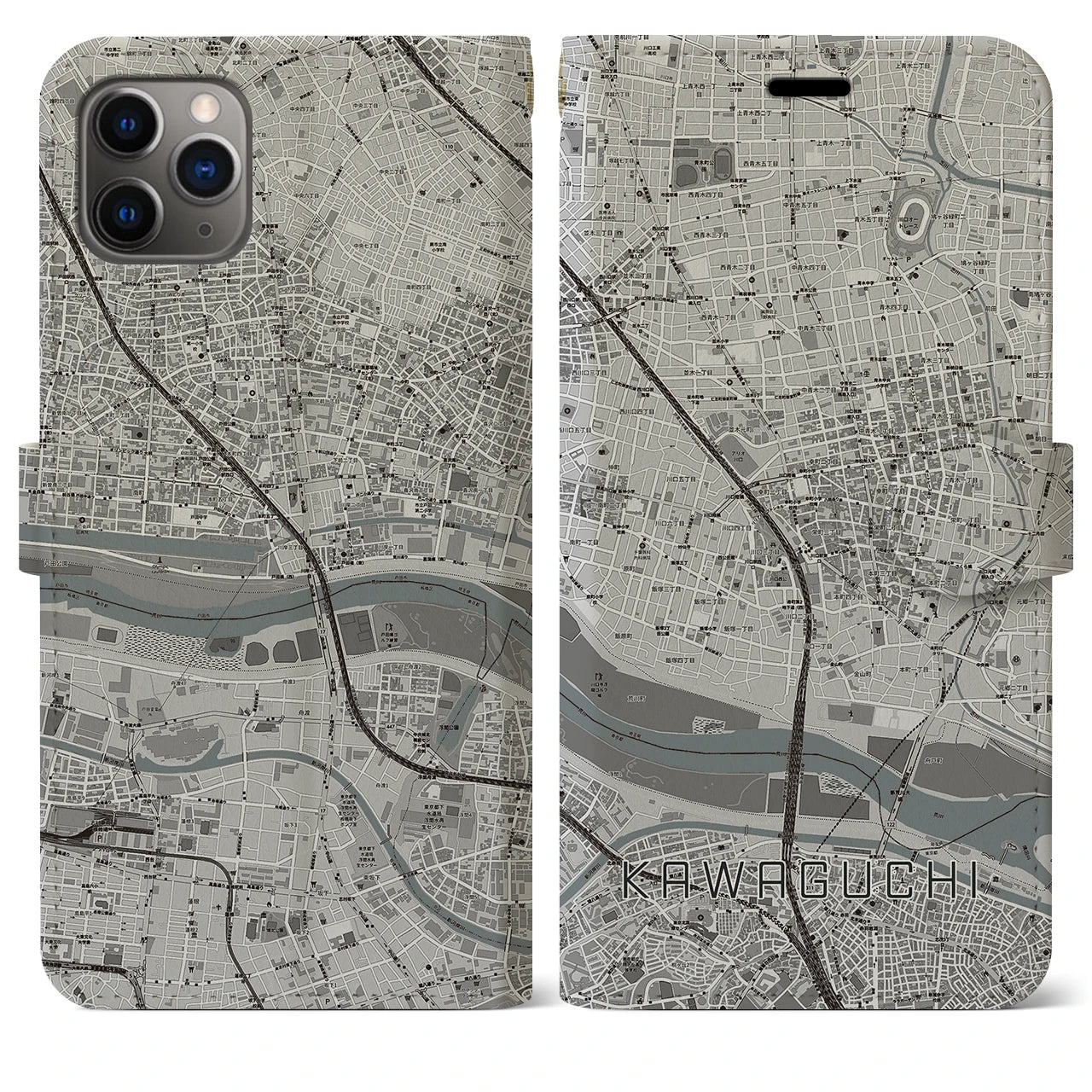 【川口】地図柄iPhoneケース（手帳両面タイプ・モノトーン）iPhone 11 Pro Max 用