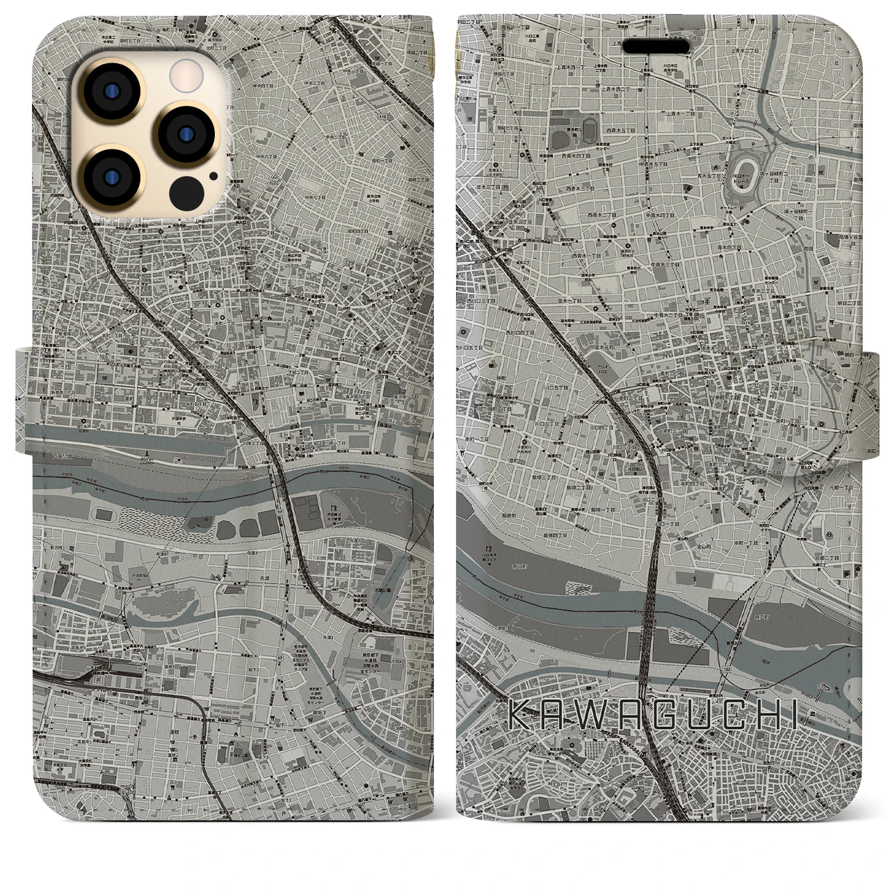 【川口】地図柄iPhoneケース（手帳両面タイプ・モノトーン）iPhone 12 Pro Max 用