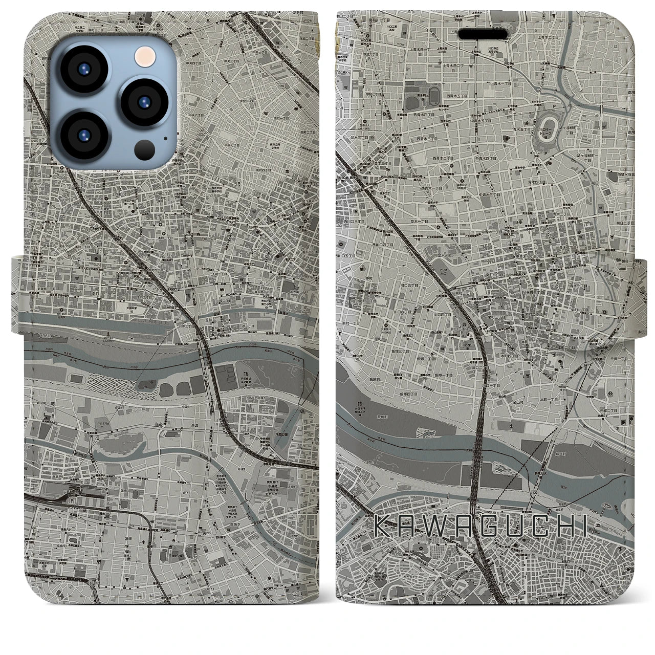 【川口】地図柄iPhoneケース（手帳両面タイプ・モノトーン）iPhone 13 Pro Max 用