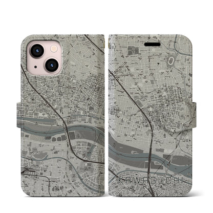 【川口（埼玉県）】地図柄iPhoneケース（手帳タイプ）モノトーン・iPhone 13 mini 用