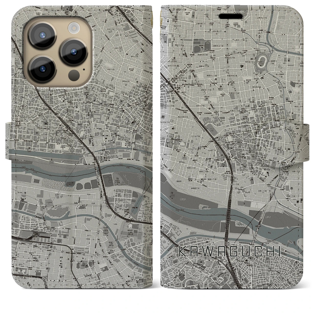 【川口】地図柄iPhoneケース（手帳両面タイプ・モノトーン）iPhone 14 Pro Max 用