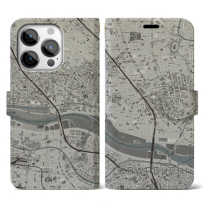 【川口（埼玉県）】地図柄iPhoneケース（手帳タイプ）モノトーン・iPhone 14 Pro 用