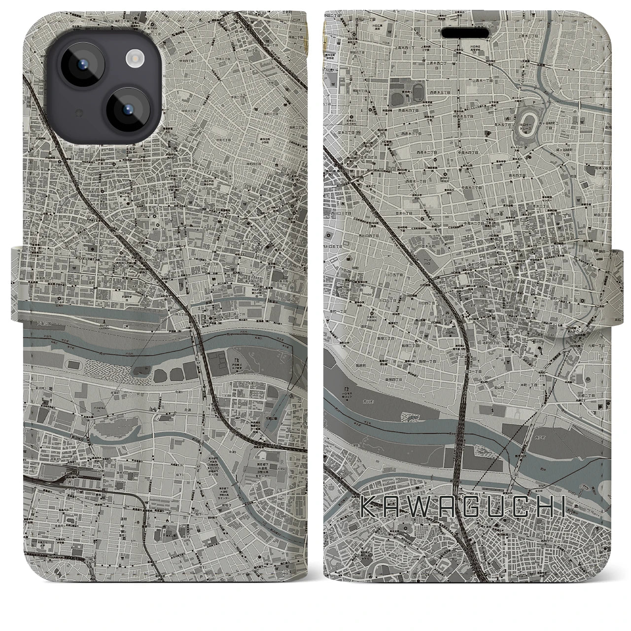 【川口】地図柄iPhoneケース（手帳両面タイプ・モノトーン）iPhone 14 Plus 用