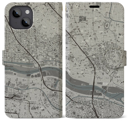【川口（埼玉県）】地図柄iPhoneケース（手帳タイプ）モノトーン・iPhone 14 Plus 用