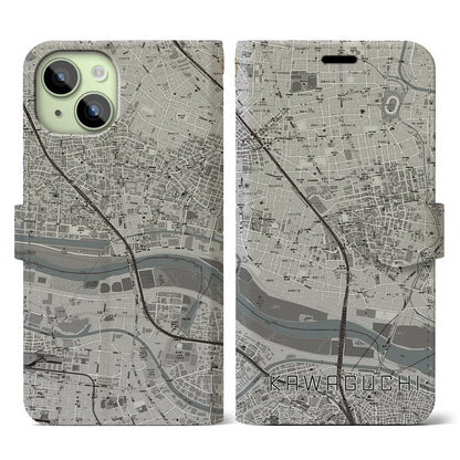 【川口（埼玉県）】地図柄iPhoneケース（手帳タイプ）モノトーン・iPhone 15 用