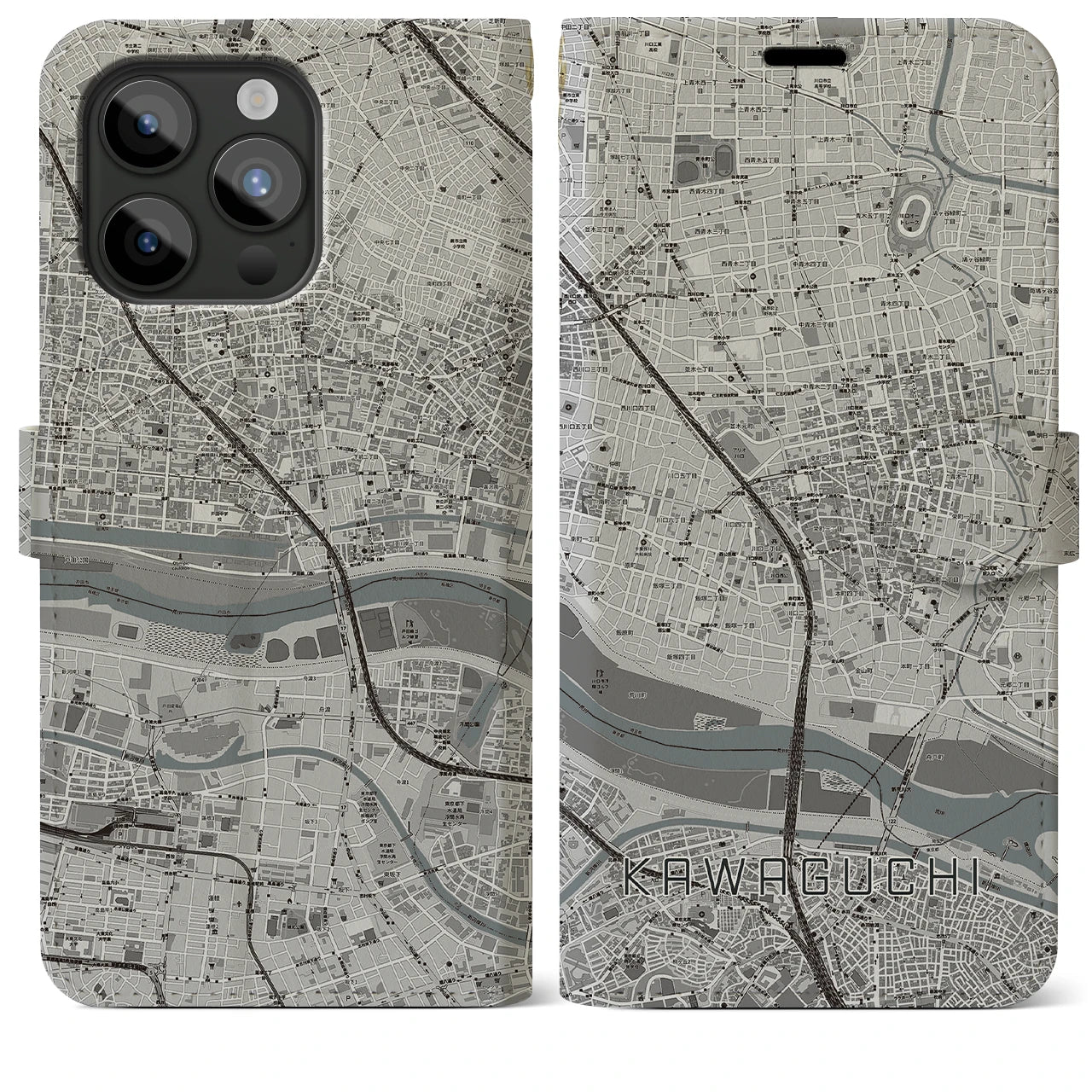 【川口】地図柄iPhoneケース（手帳両面タイプ・モノトーン）iPhone 15 Pro Max 用